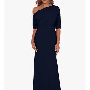 Betsy & Adam Long Scuba Crepe Gown Navy Off Shoulder